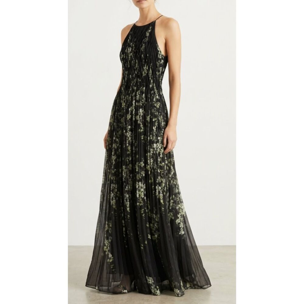 Zimmermann Black Mockingbird Floral Silk Chiffon Halter Pleated Dress Size 1 Med